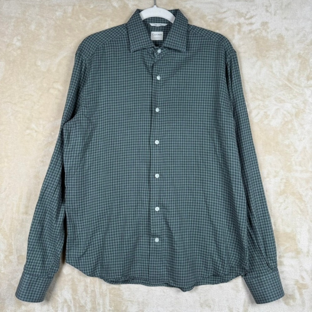 Culturata Mens M Tailored Fit Gingham Button Down Shirt Green Navy Blue Italy